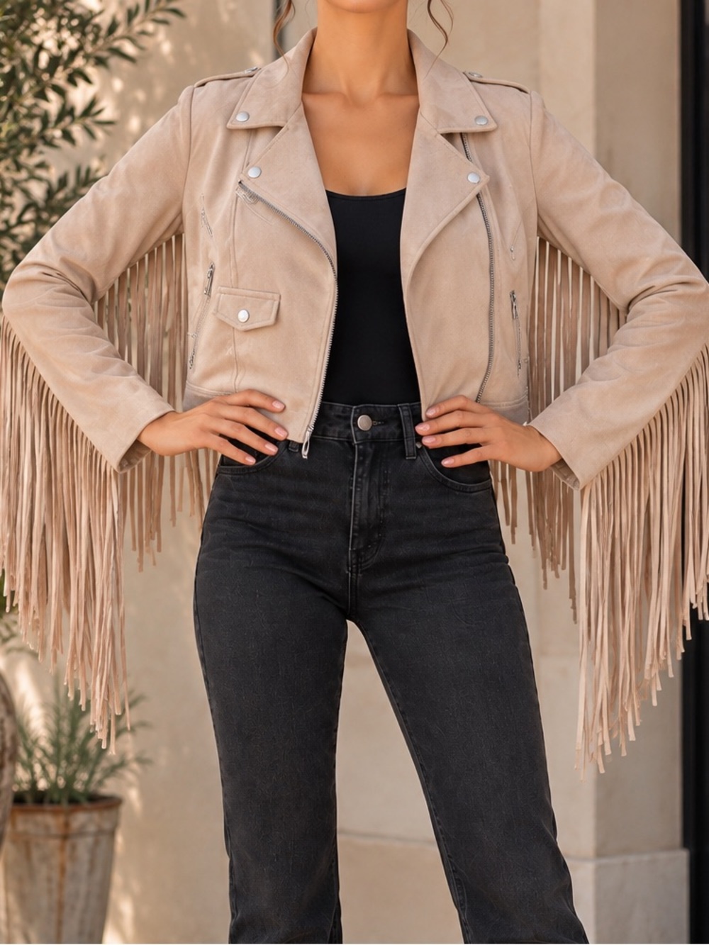 Blush Suedette Fringe Tassel Moto Jacket